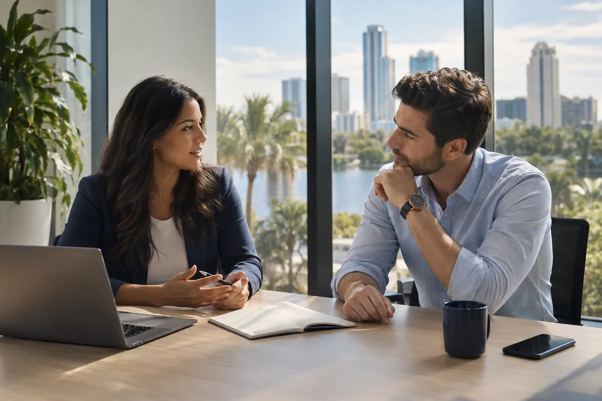 Two marketing professionals discussing AI visibility planning at a bright Orlando office table