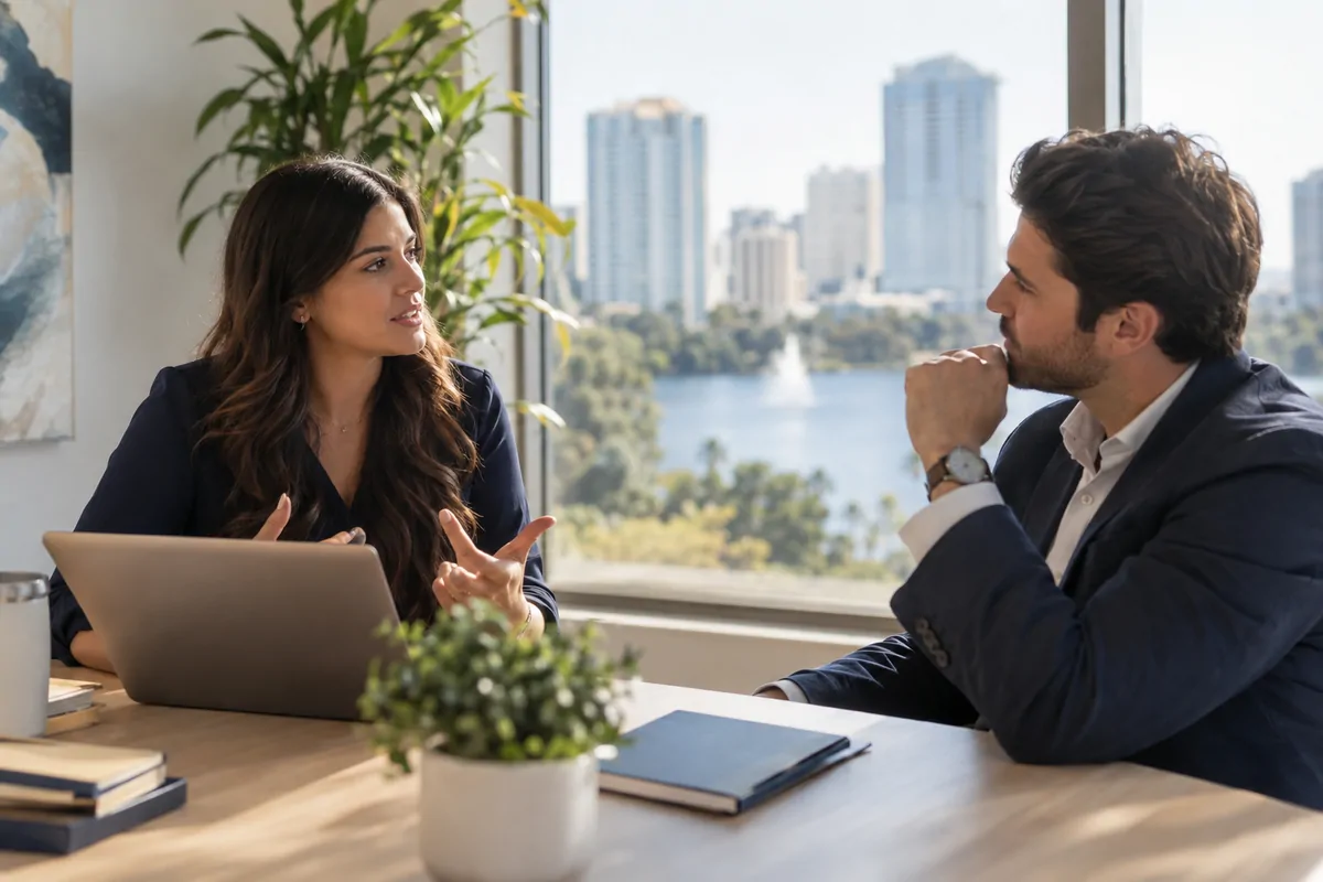 Two marketing directors discussing AEO agency options at a bright Orlando office table