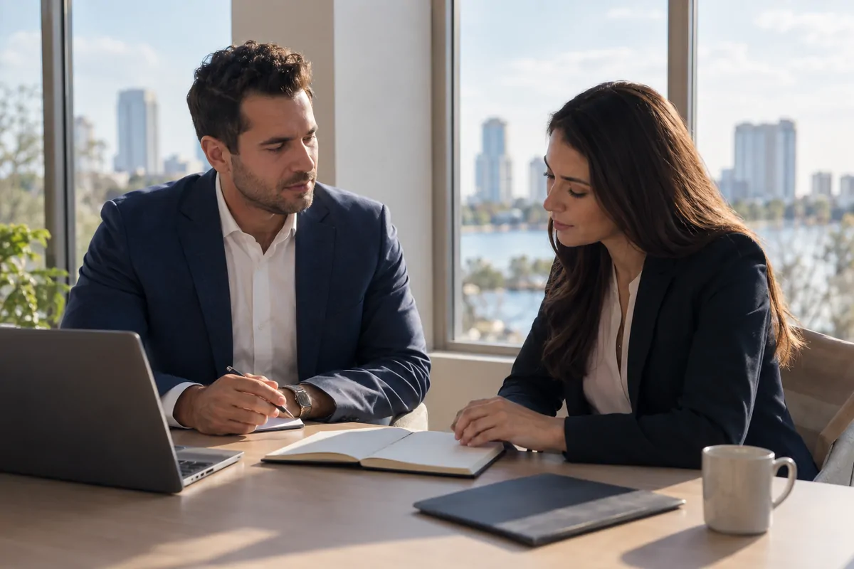 Two franchise marketing leaders discussing AI visibility services at a bright Orlando office table