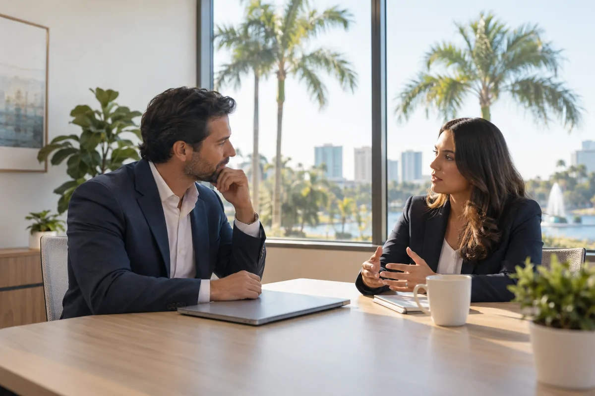 Two marketing professionals discussing AEO choices at a bright Orlando office table