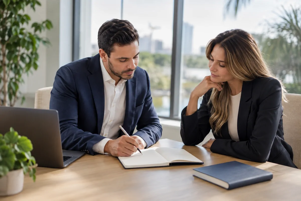 Two marketing professionals discussing AEO agency options for a law firm at a bright office table