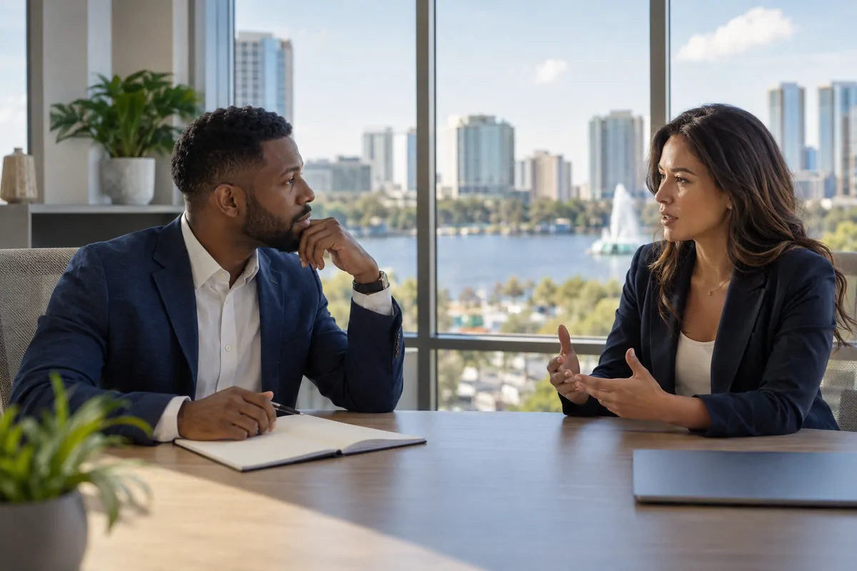 Two marketing directors discussing AEO agency choices at a bright Orlando office table