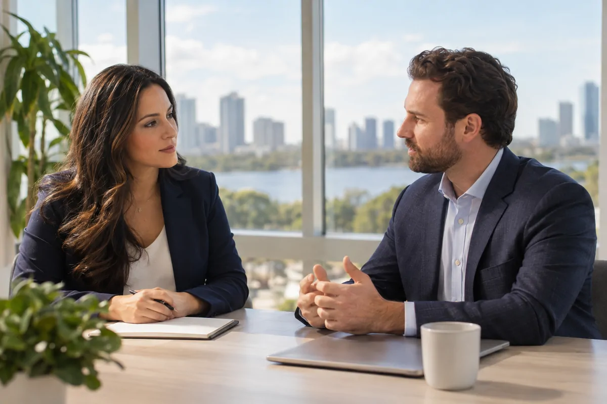 Two marketing professionals discussing AEO agency choices at a bright Orlando office table