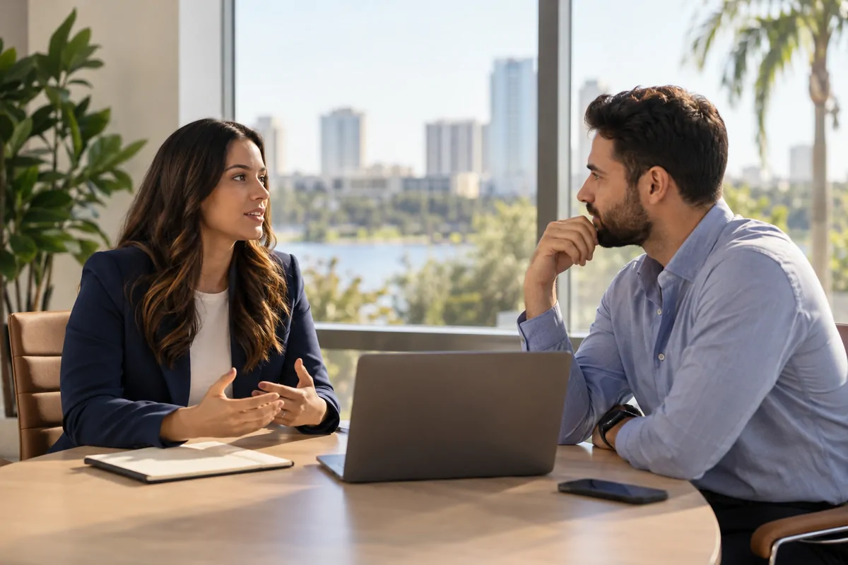 Two marketing directors discussing AEO options at a bright Orlando office table