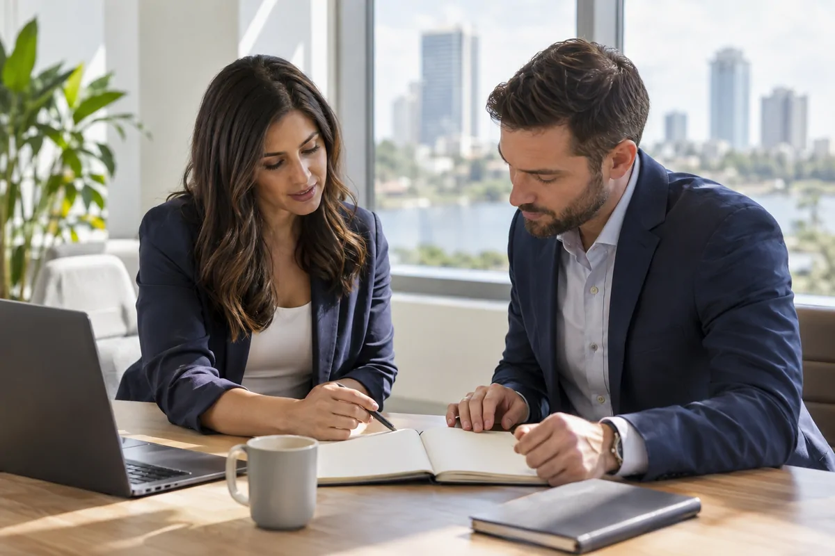 Two professionals discussing real estate marketing strategy at a bright Orlando office table