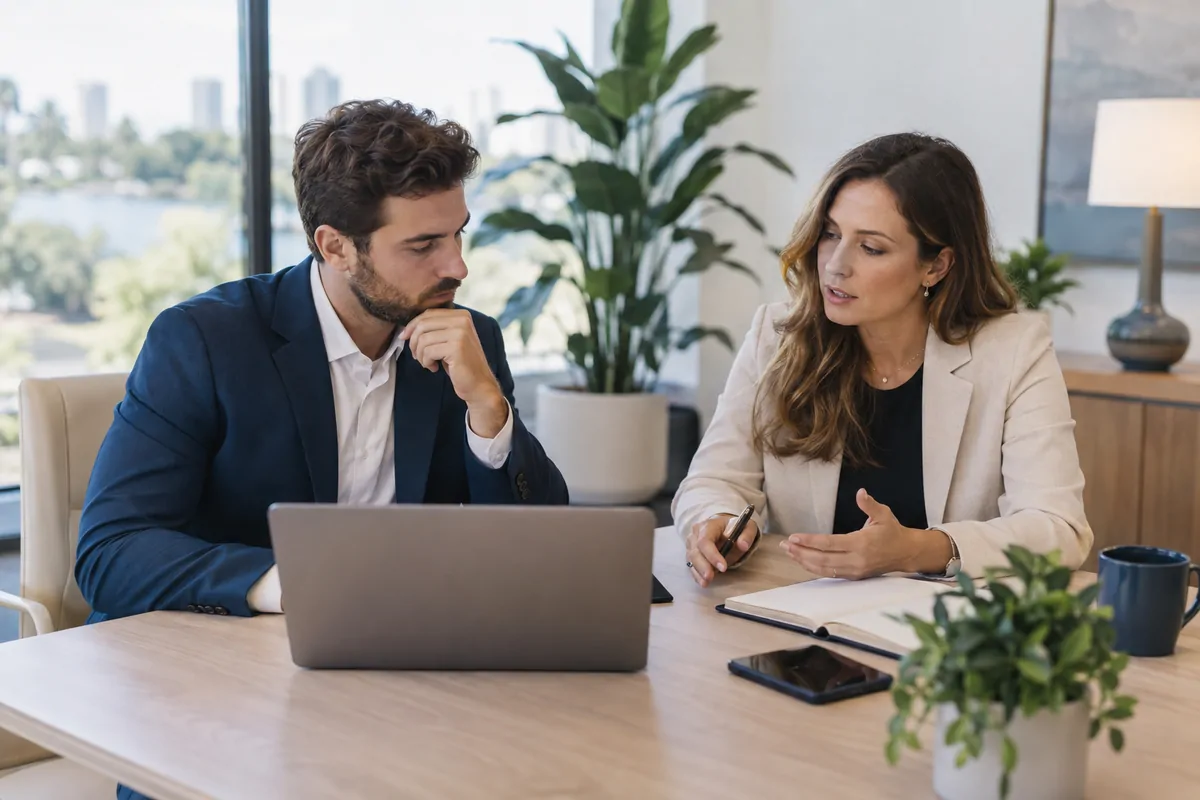 Two marketing directors discussing AEO agency options at a bright office table for software brands