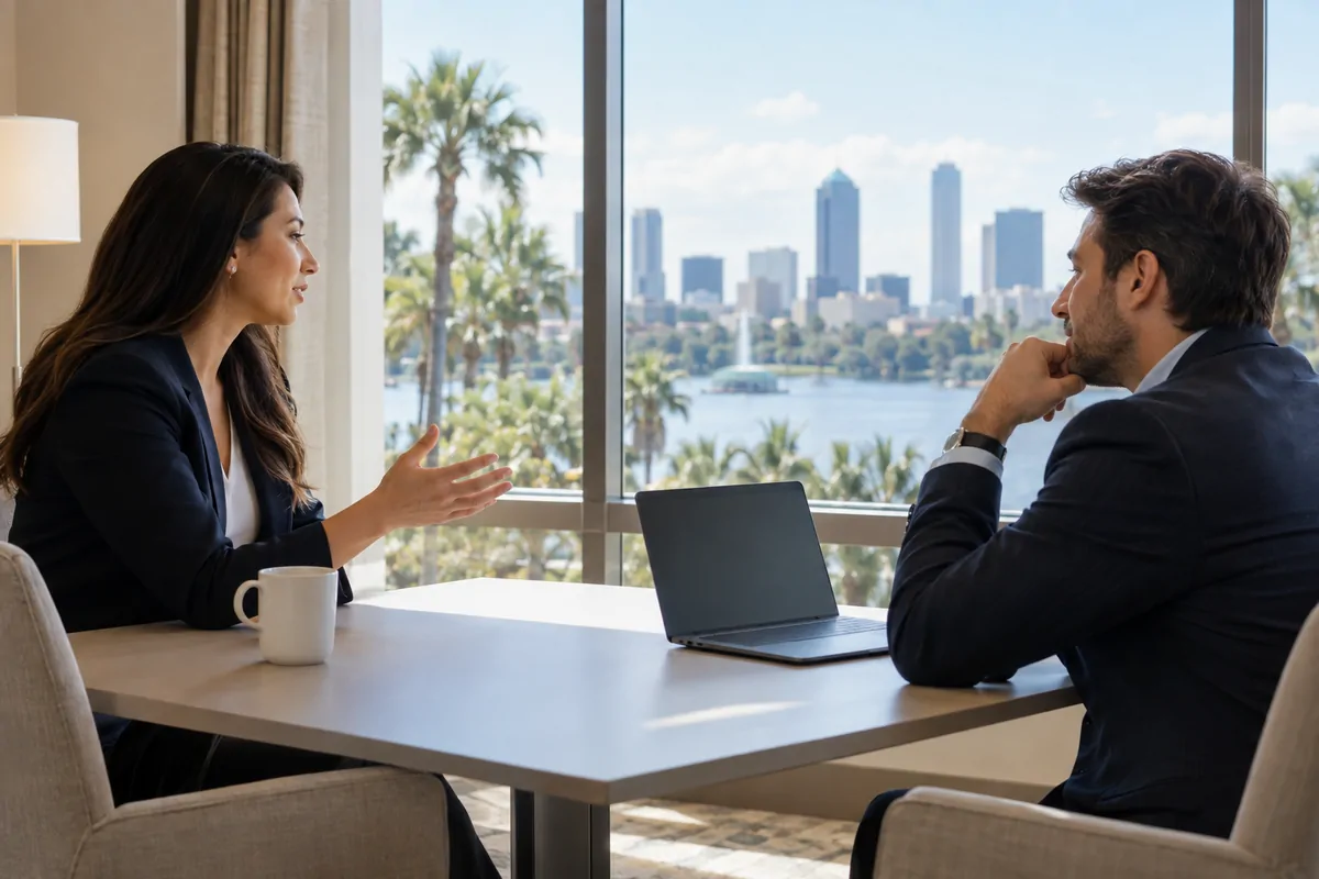 Two hospitality marketers discussing AEO agency choices at a bright Orlando office table
