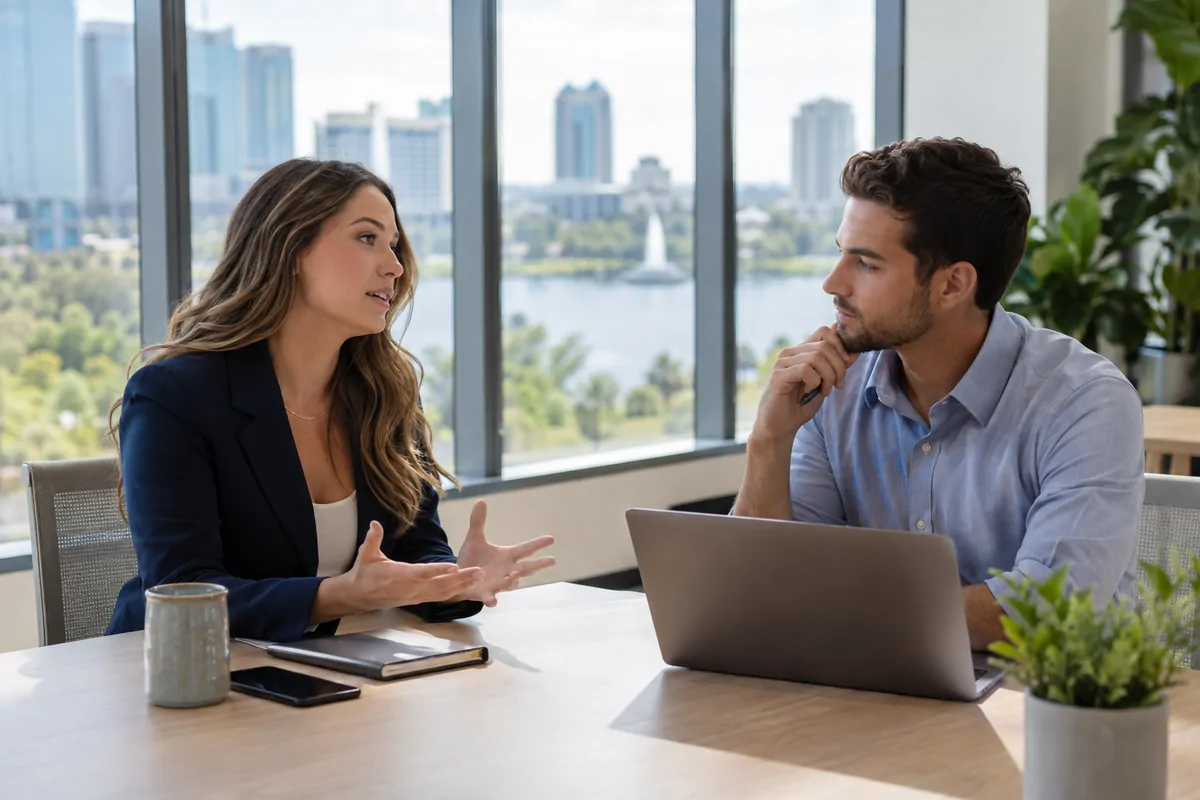 Two marketing directors discussing AEO agency choices at a bright Orlando office table