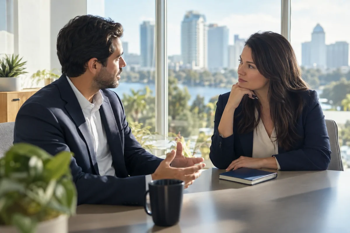 Two marketing professionals discussing AEO agency choices at a bright Orlando office table
