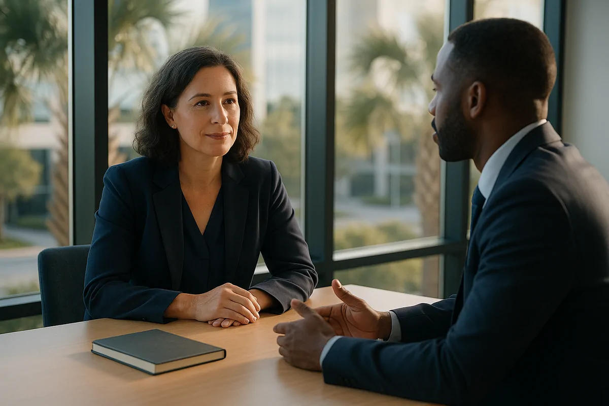 Two marketing decision makers discussing AEO agency options at a glass walled Orlando office table