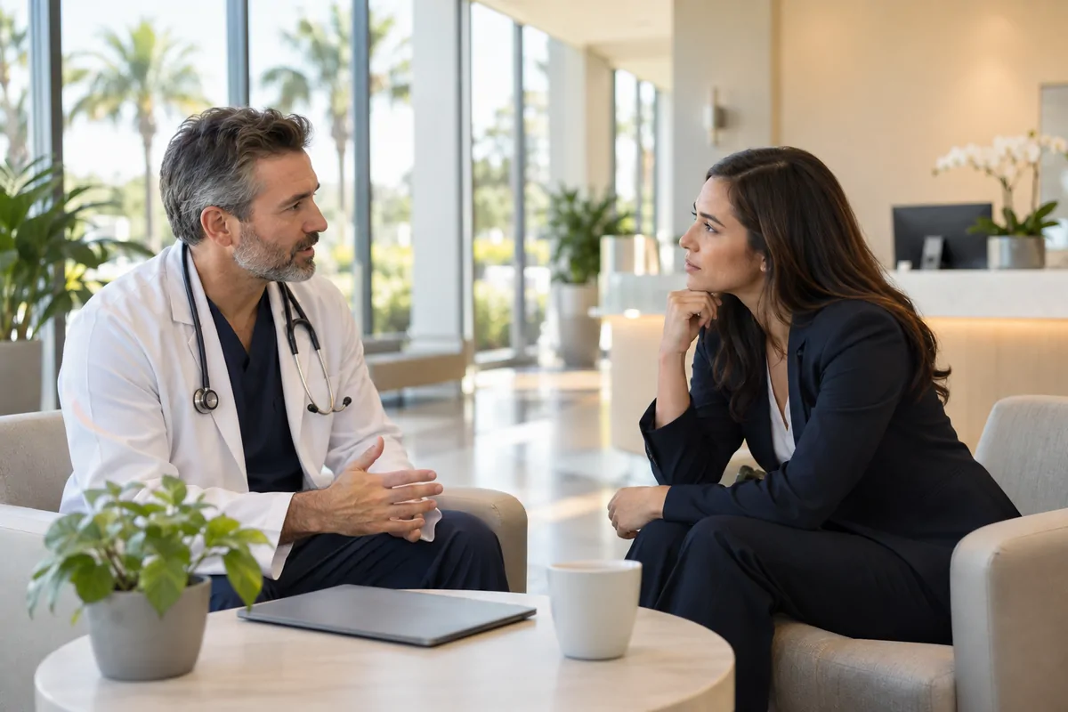 Two professionals discussing AEO options in a bright medical office reception area
