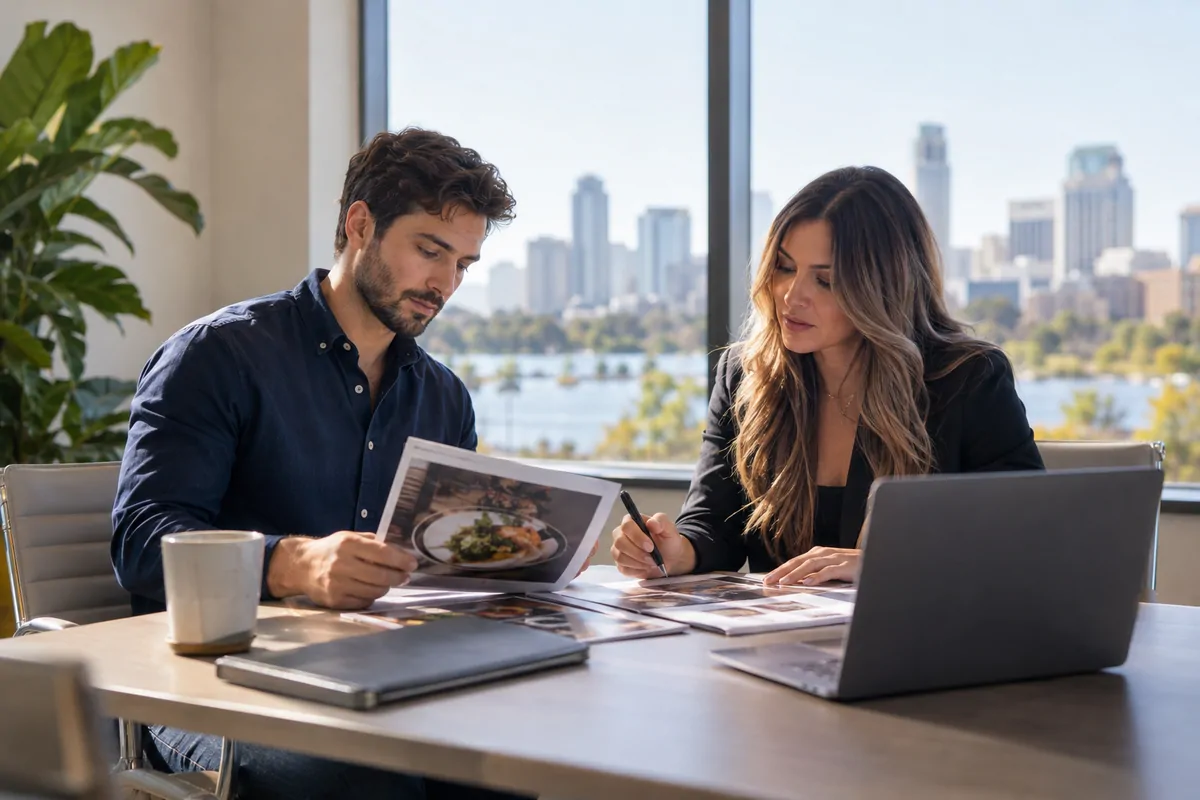 Two restaurant marketing professionals comparing AEO agency proposals at an Orlando office table