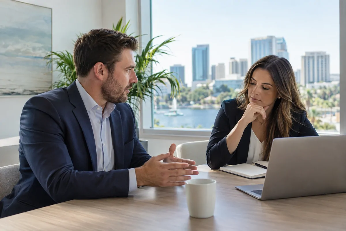 Two marketing directors comparing AEO agency proposals at a bright Orlando office table