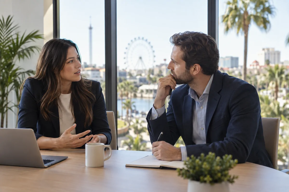 Two marketing directors discussing attraction visibility strategy at an Orlando office table