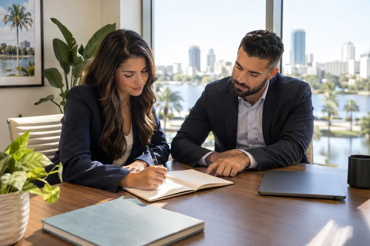 Two tourism marketing professionals reviewing an AEO agency proposal at an Orlando office table