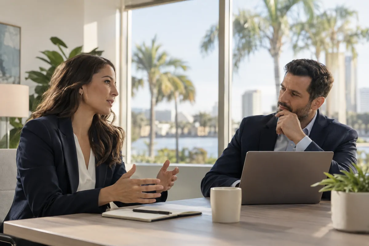 Two marketing directors discussing AEO agency proposals at a bright Orlando office table