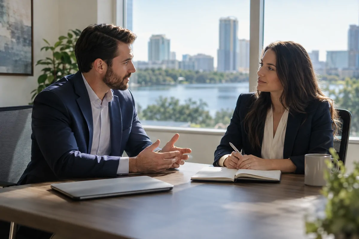 Two professionals discussing AEO agency choices at a bright Orlando office table