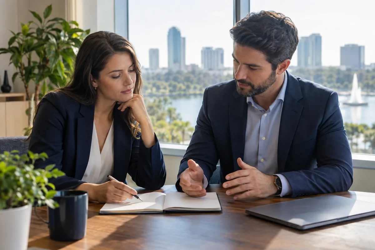 Two marketing directors comparing AEO agency proposals at an Orlando office table