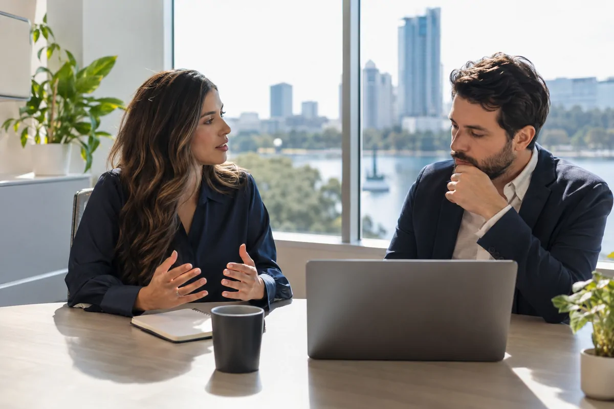 Two marketing directors comparing AEO agency proposals at an Orlando office table