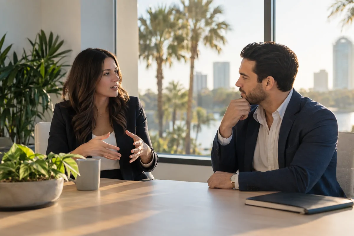 Two marketing directors discussing AI visibility agency options at a bright Orlando office table