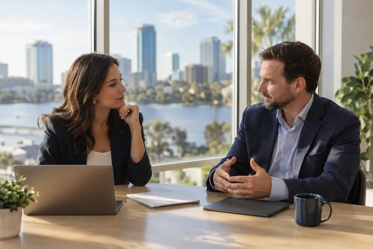 Two marketing professionals discussing AI visibility agency choices at an Orlando office table