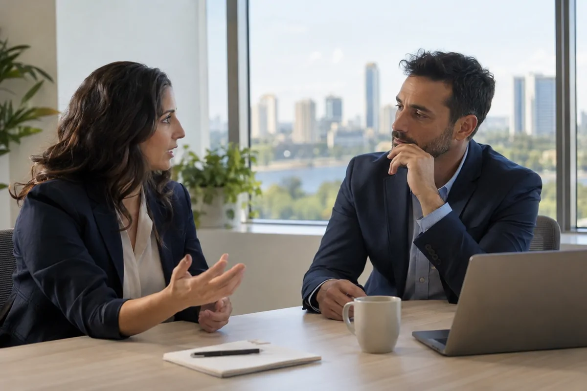 Two marketing professionals comparing AI visibility choices at an Orlando office table