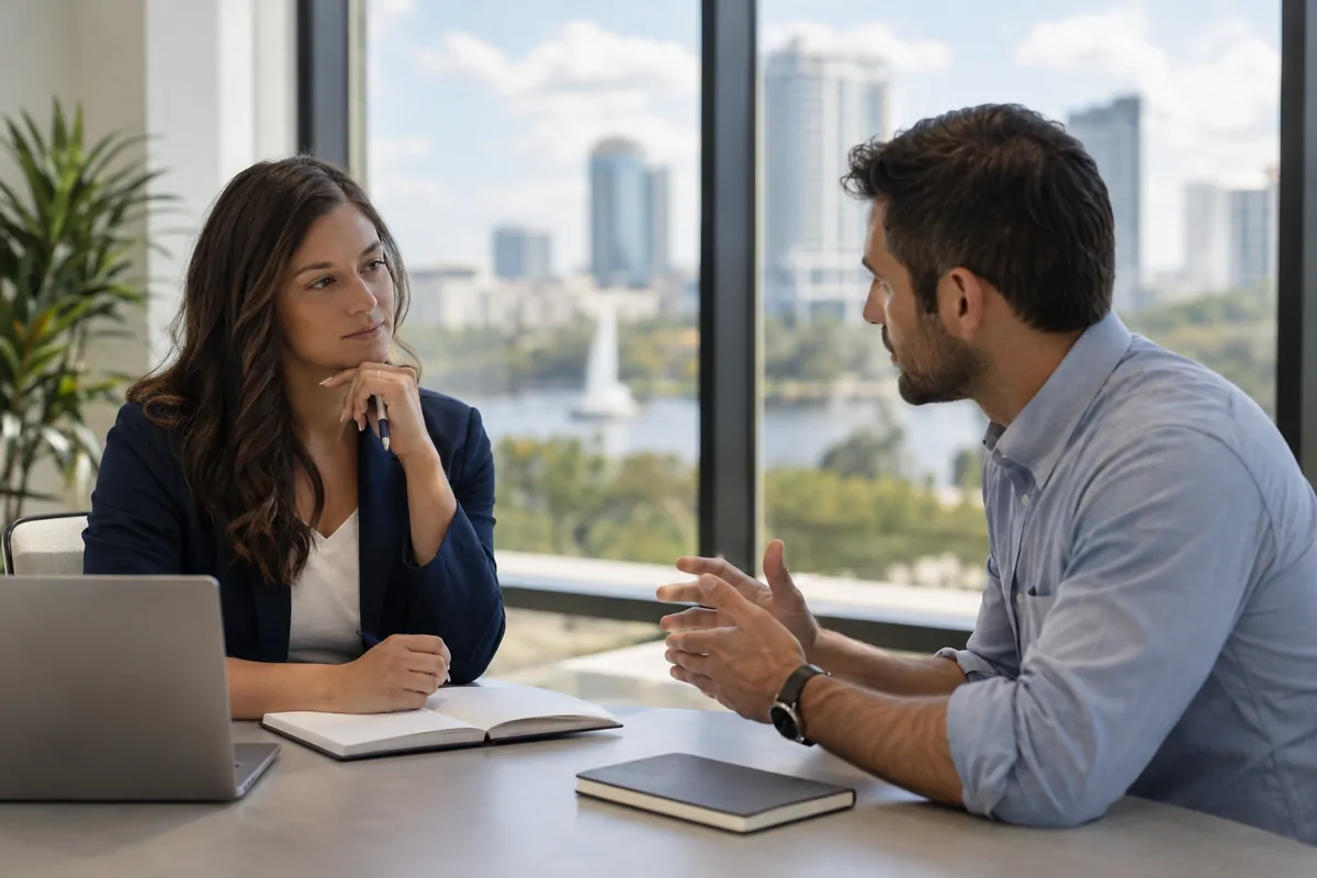 Two marketing directors comparing AI visibility agency proposals at a bright Orlando office table
