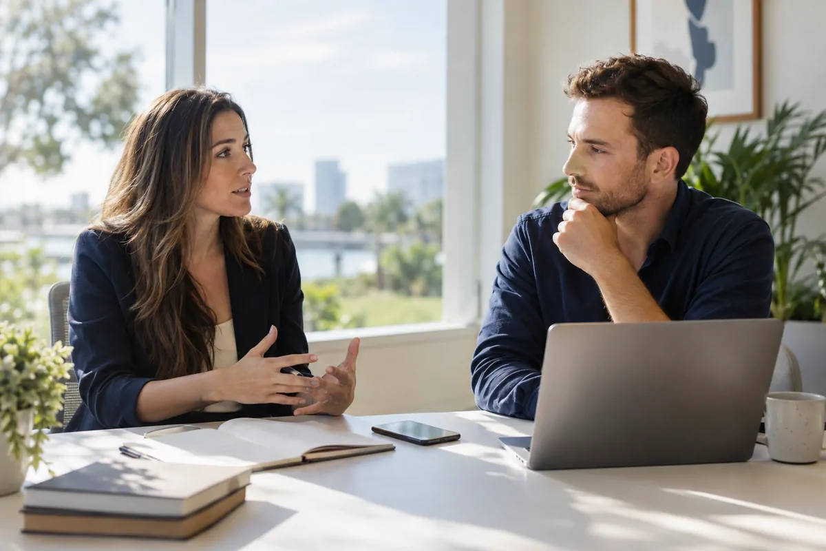 Two marketing directors discussing AI search agency options at a bright office table for DTC brands