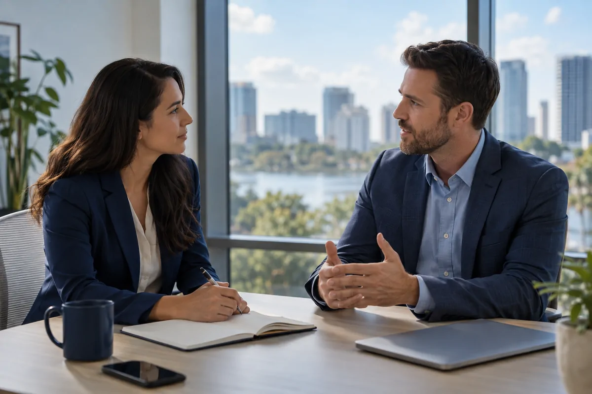 Two marketing professionals discussing AI search agency choices at an Orlando office table