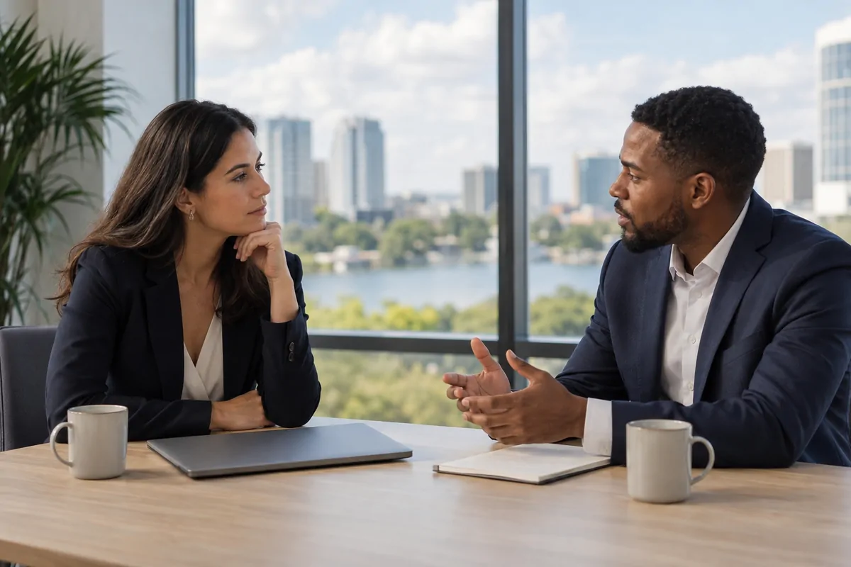Two marketing professionals discussing AI visibility consulting at a bright Orlando office table