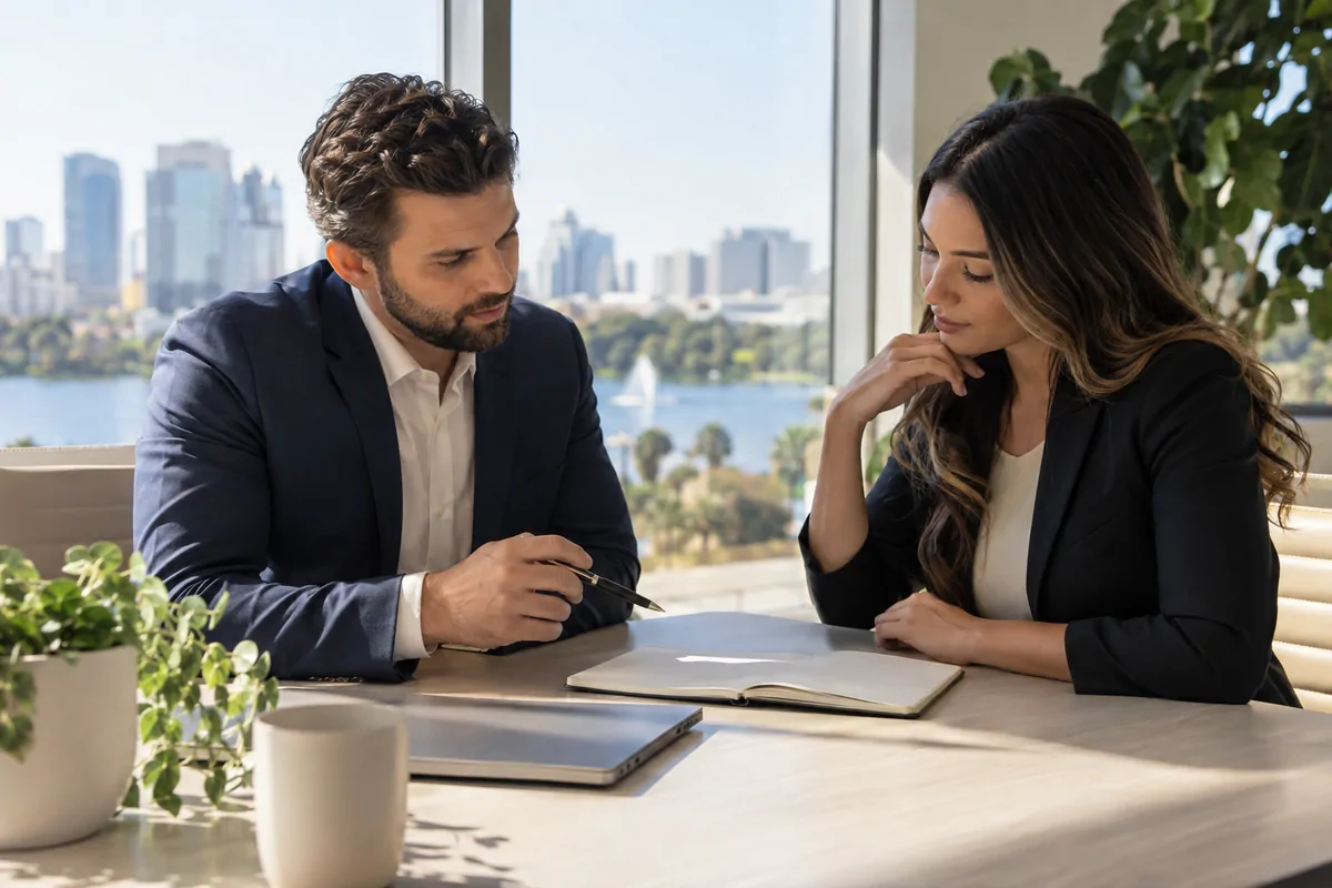 Two marketing directors discussing AI visibility agency choices at an Orlando office table