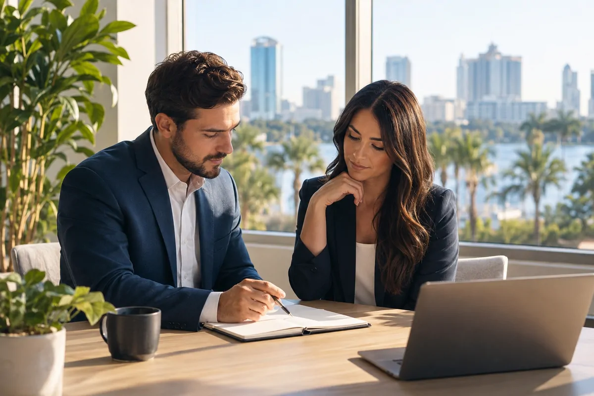 Two marketing professionals discussing AEO agency choices at an Orlando office table