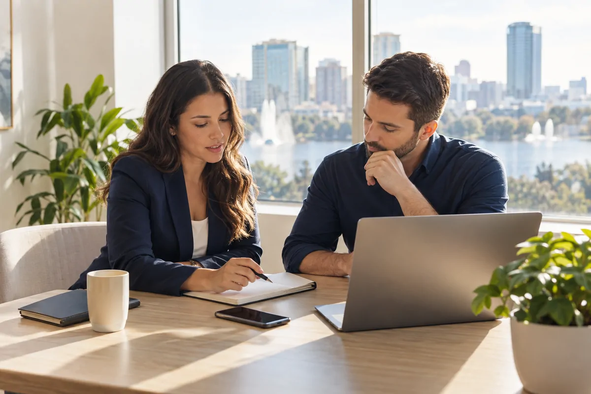 Two marketing professionals discussing GEO agency choices at a bright Orlando office table