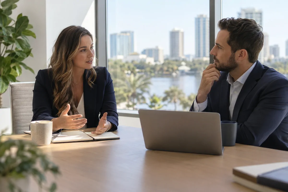Two marketing directors discussing AI visibility services at a bright Orlando office table