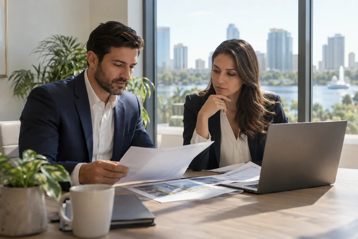 Two marketing directors comparing AI visibility agency proposals at a bright Orlando office table