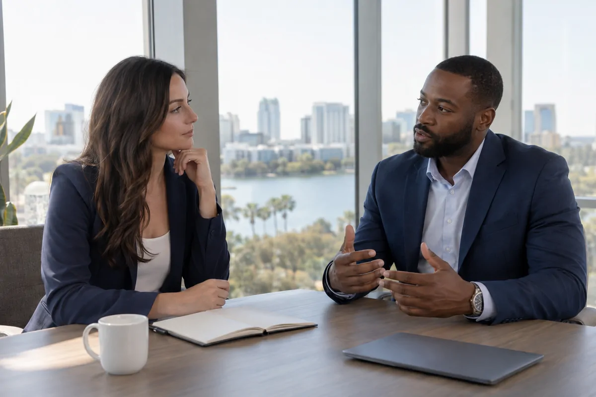 Two marketing directors discussing AEO agency choices at an Orlando office table