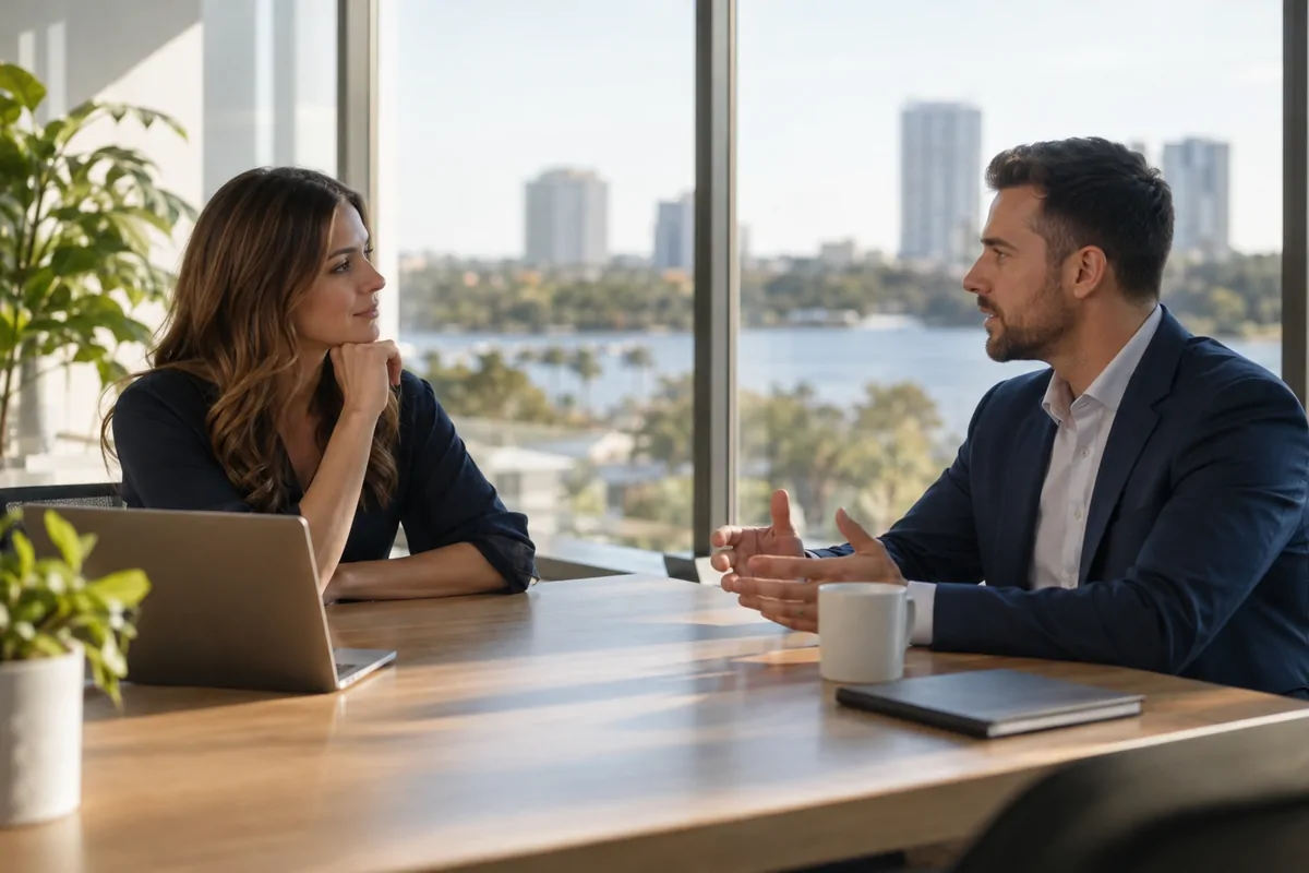 Two marketing professionals discussing enterprise AI visibility services at a bright office table