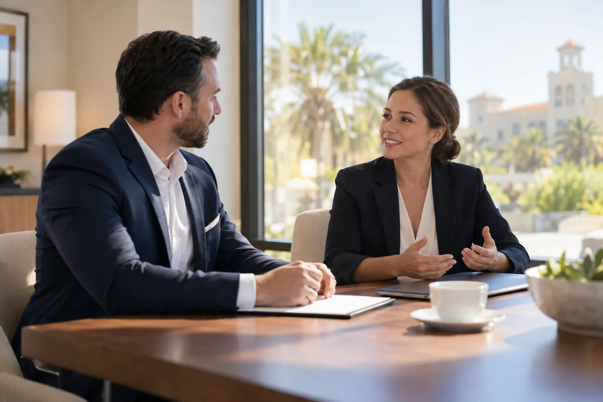 Two hotel professionals discussing AI visibility strategy at a bright office table
