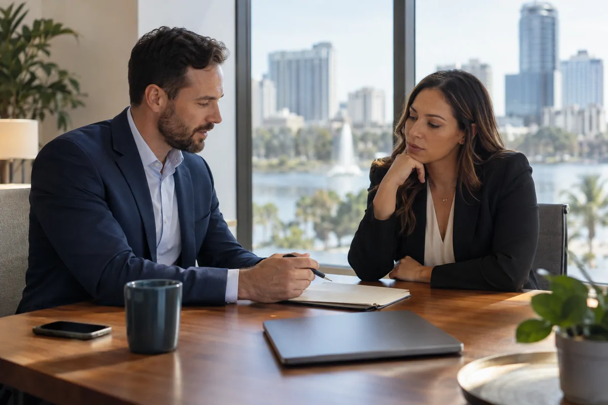Two marketing directors discussing AI search visibility at an Orlando office table