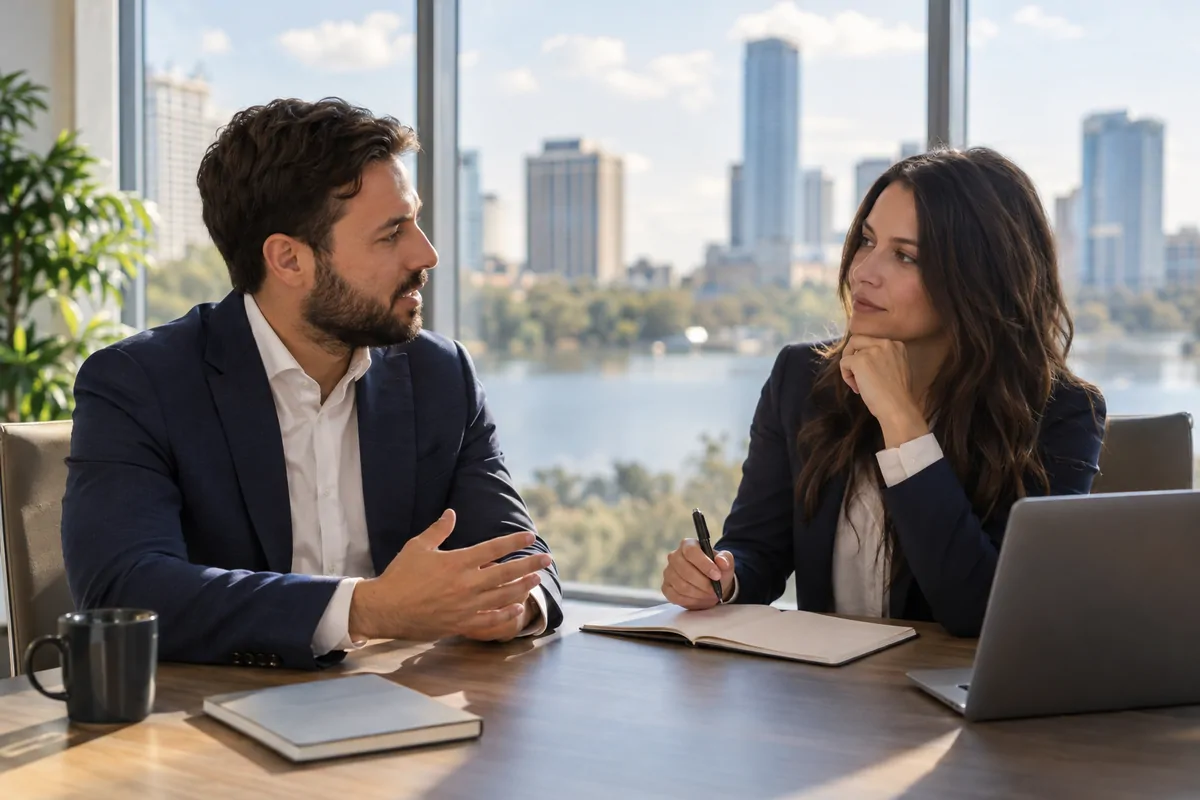 Two marketing professionals discussing AI search optimization options at an Orlando office table