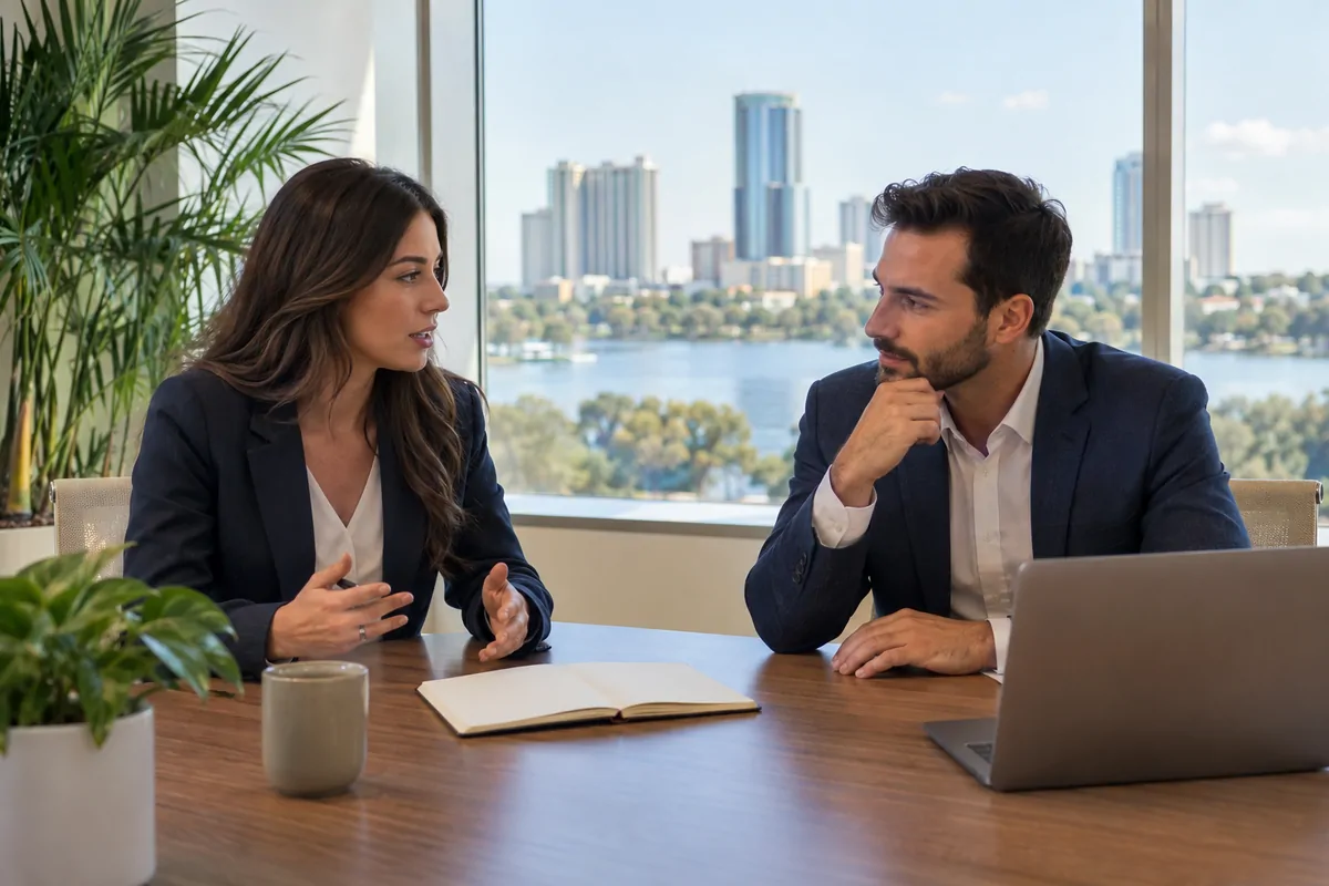 Two marketing directors comparing AEO agency proposals at an Orlando office table