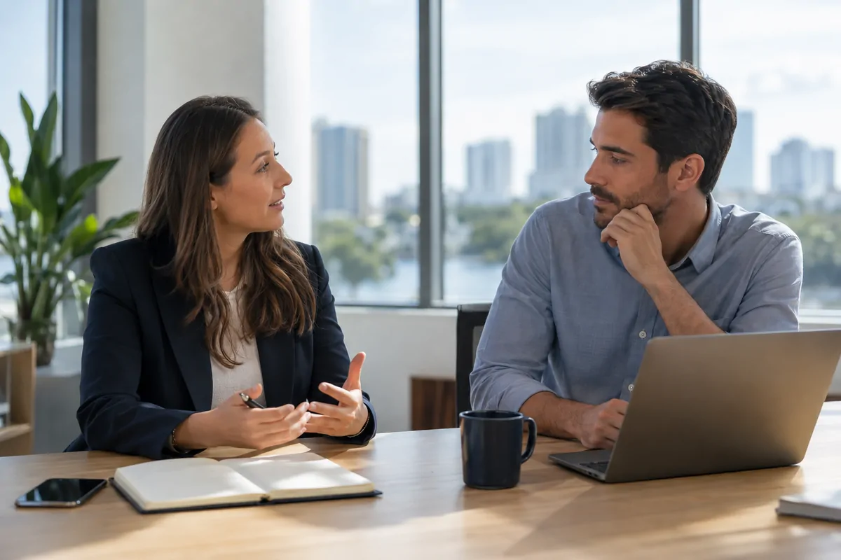 Two marketing directors discussing franchise AI visibility options at an Orlando office table