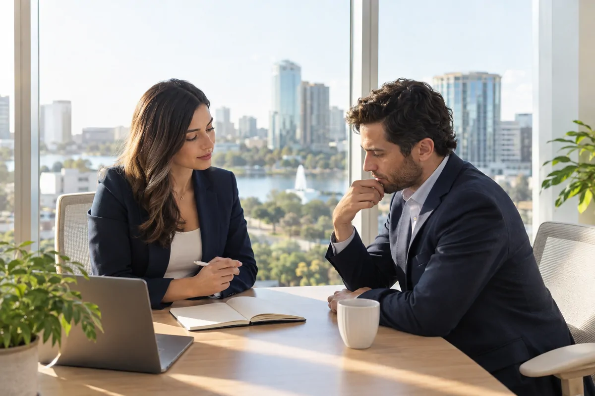 Two professionals discussing AI search visibility planning at a bright Orlando office table
