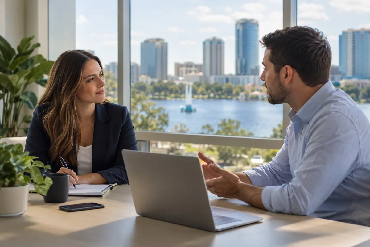 Two marketing directors discussing AI visibility services at an Orlando office table