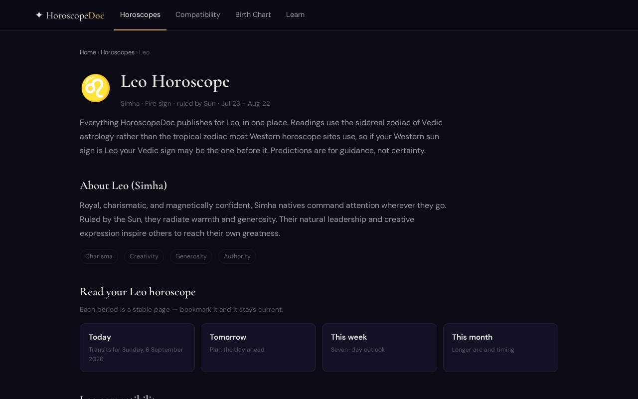 HoroscopeDoc: AI astrology web app with subscriptions — Leo