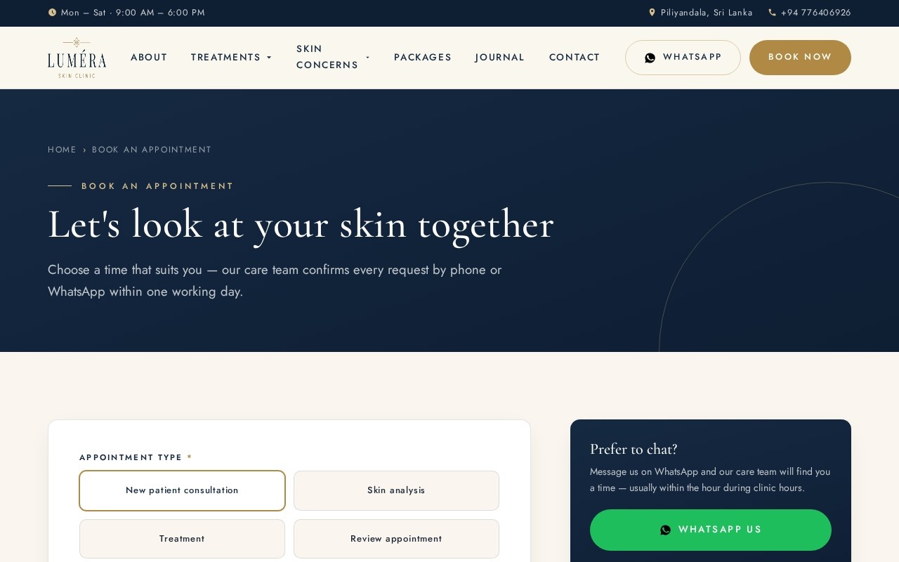 Luméra Skin Clinic: clinic website with booking and CMS — Booking