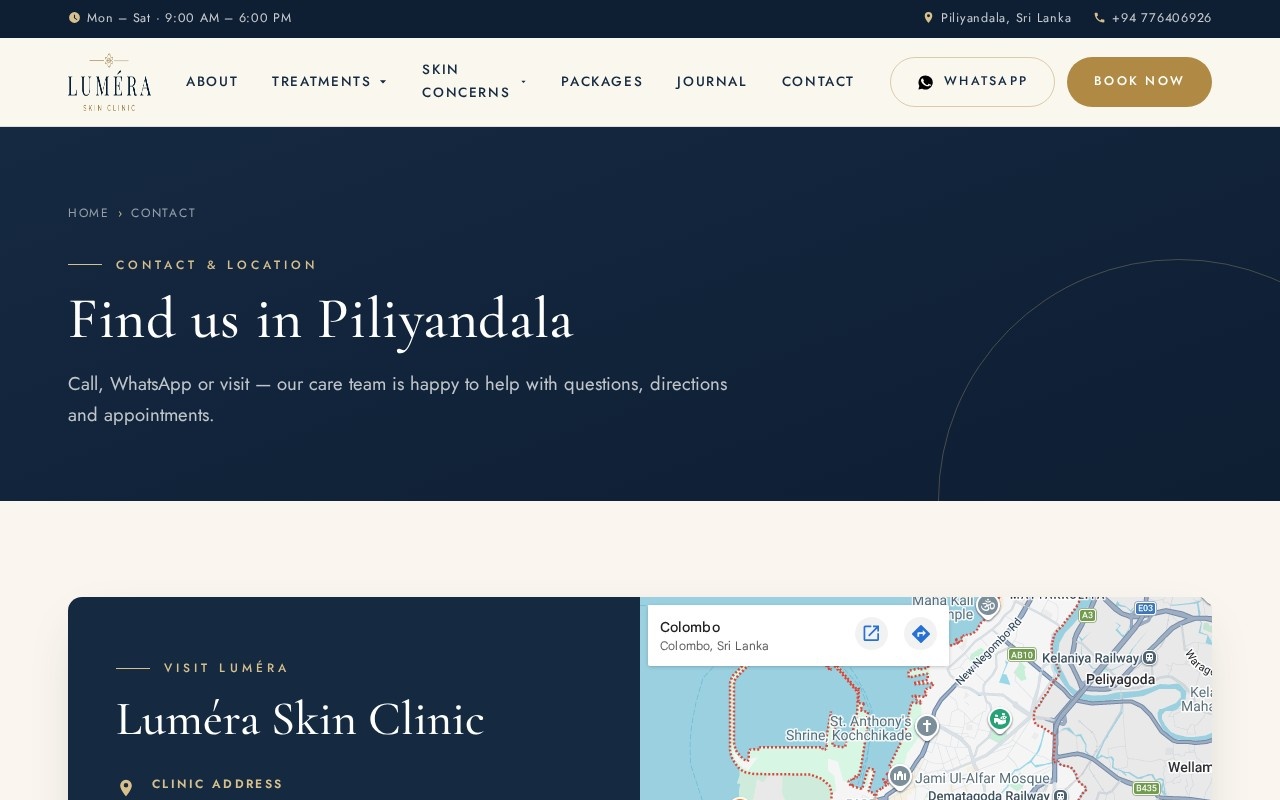 Luméra Skin Clinic: clinic website with booking and CMS — Contact