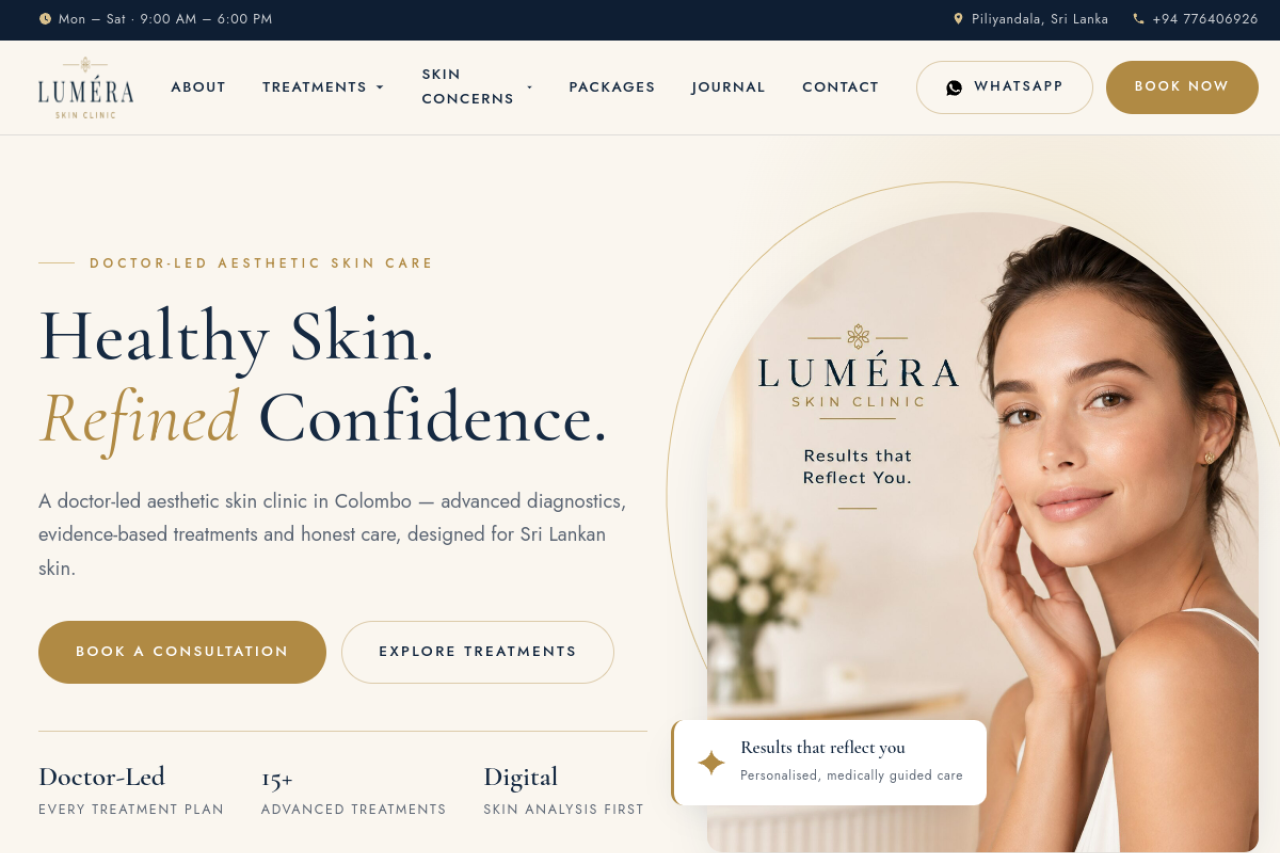 Luméra Skin Clinic: clinic website with booking and CMS — Home page