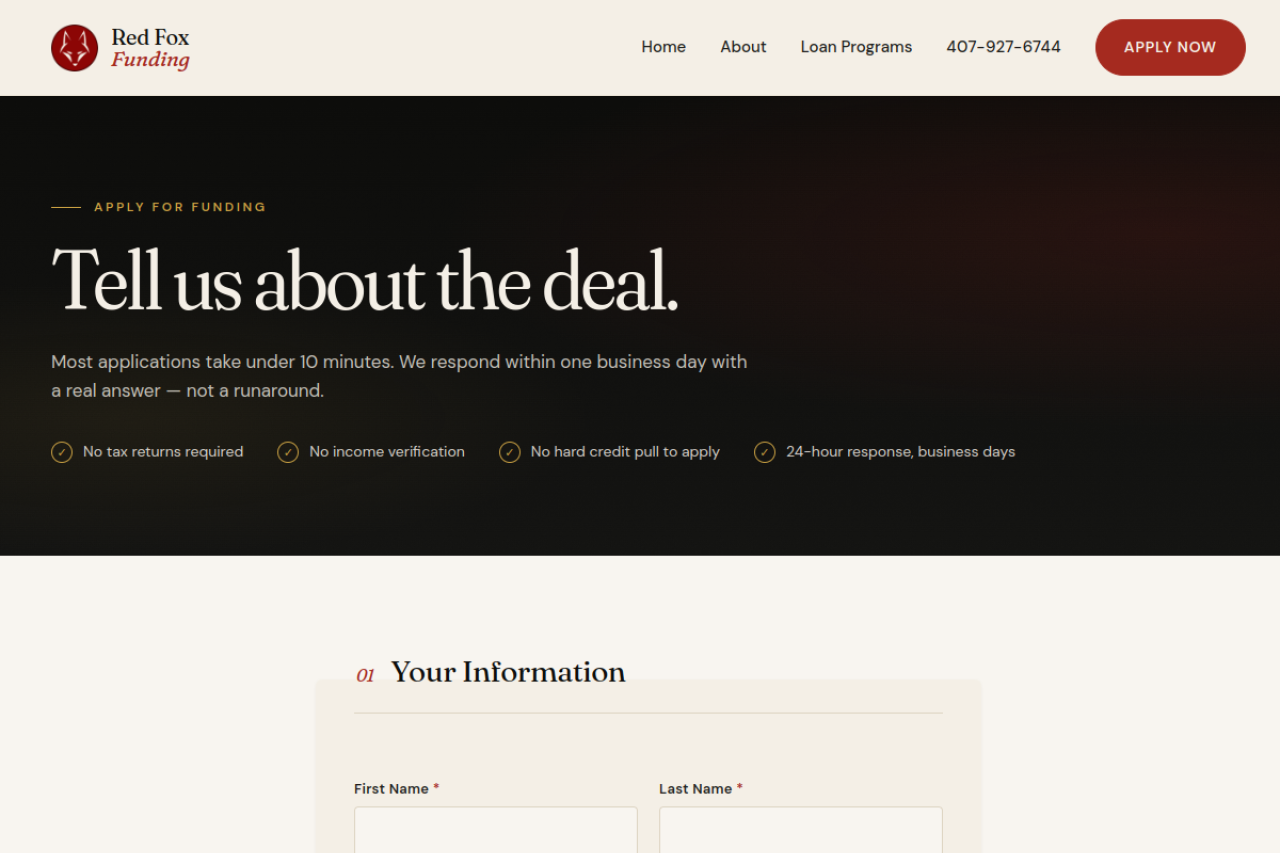 RedFox Funding: lending website with application flow — Apply