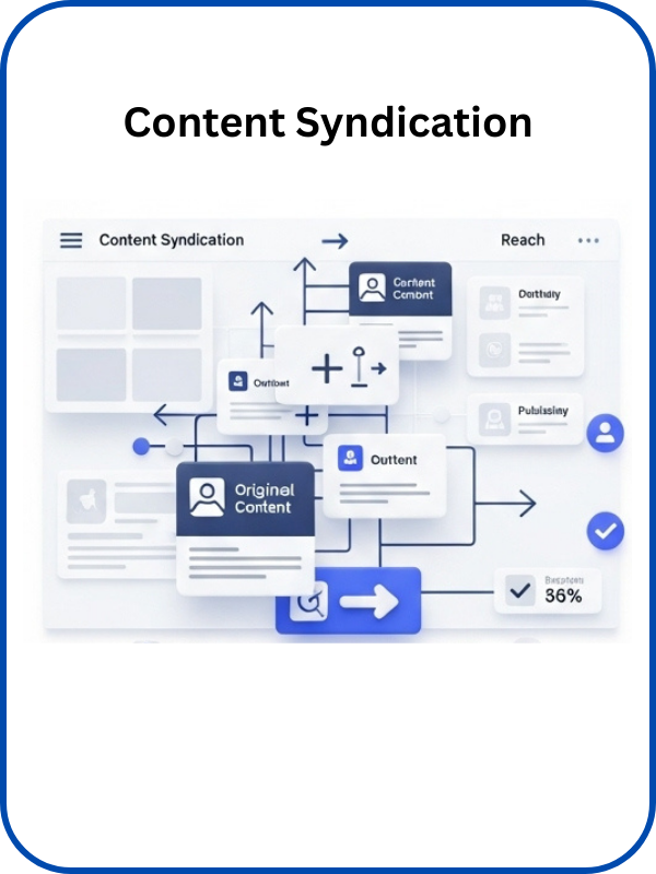 Content is distributed across syndication platforms to increase reach and exposure.